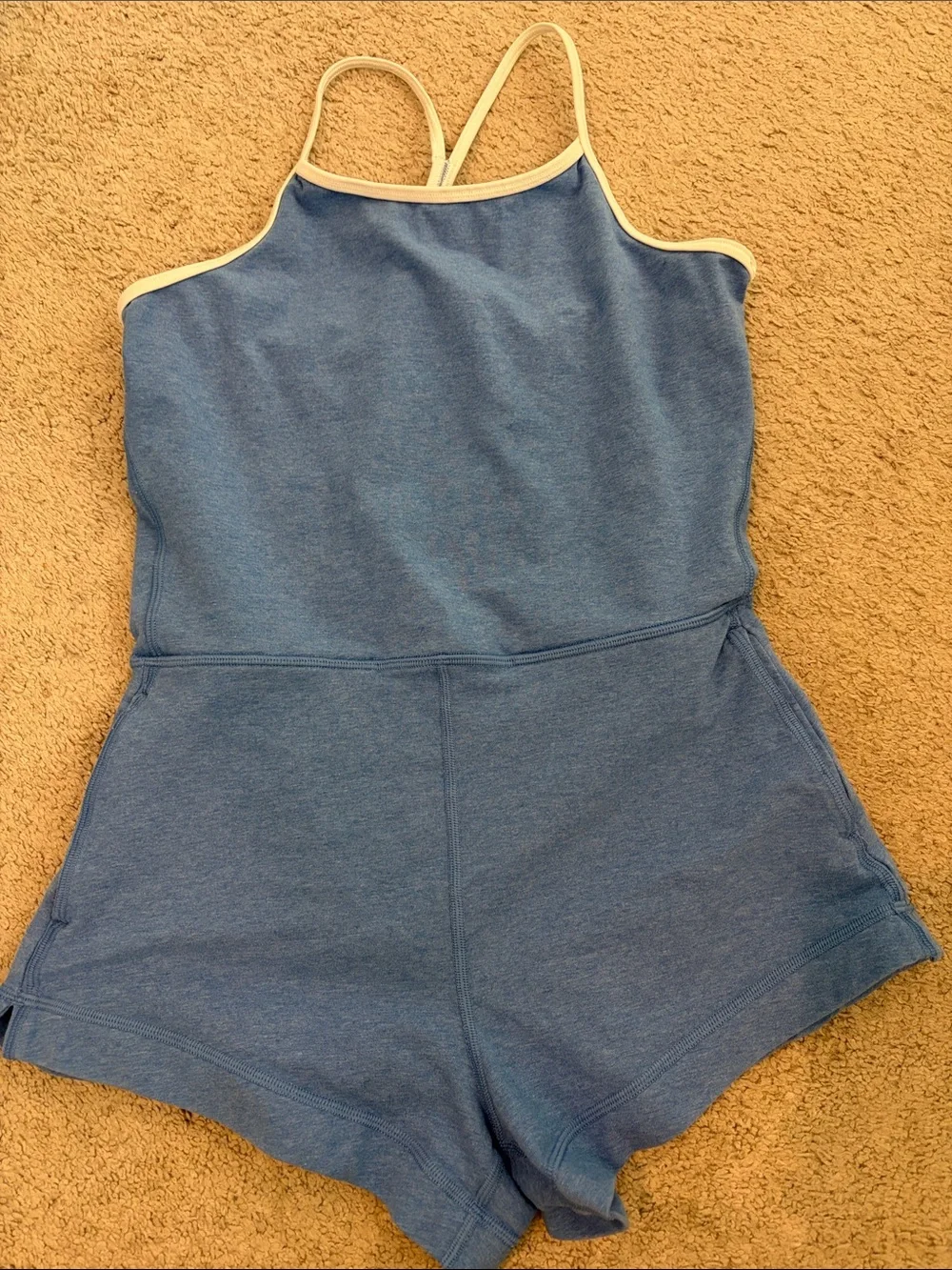 Athleta Blue Tank Romper with Cream Trim